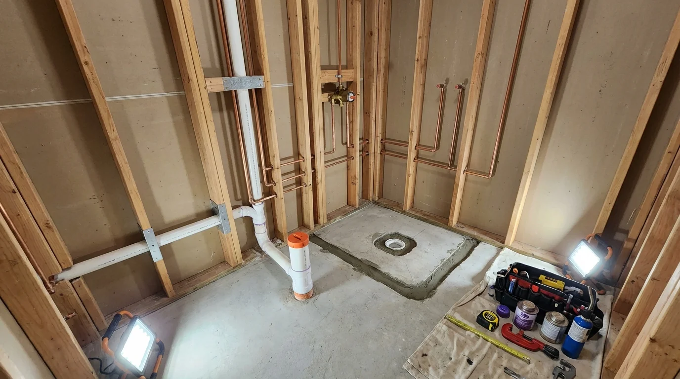 Bathroom rough-in plumbing during remodel by Johns Plumbing LLC in Frenchburg