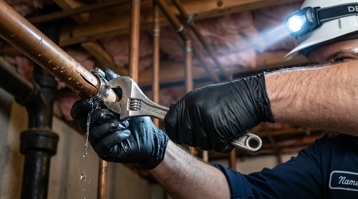 Emergency pipe clamp repair being performed by a Johns Plumbing LLC plumber in Frenchburg
