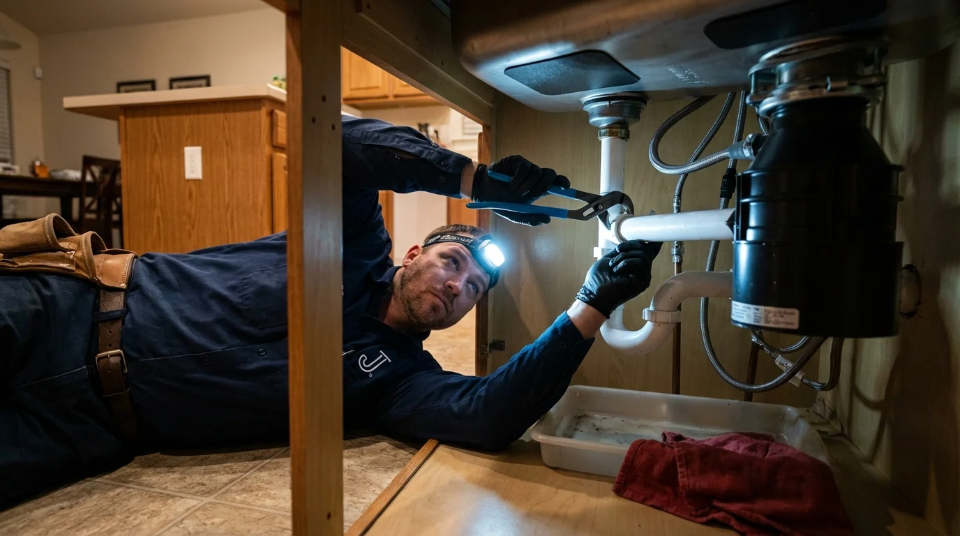P-trap and supply line connections under a kitchen sink showing a common leak point in Frenchburg, KY